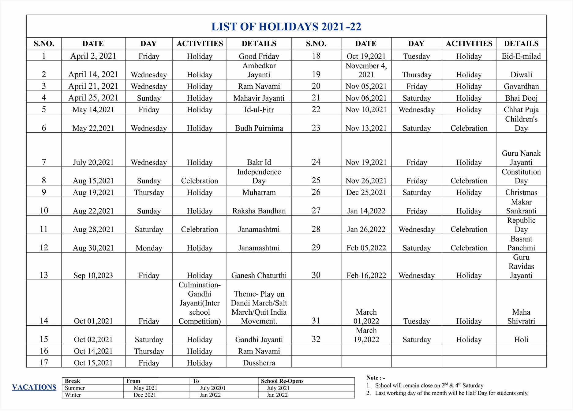 Academic Calendar – Sri Krishan Sagar Public School